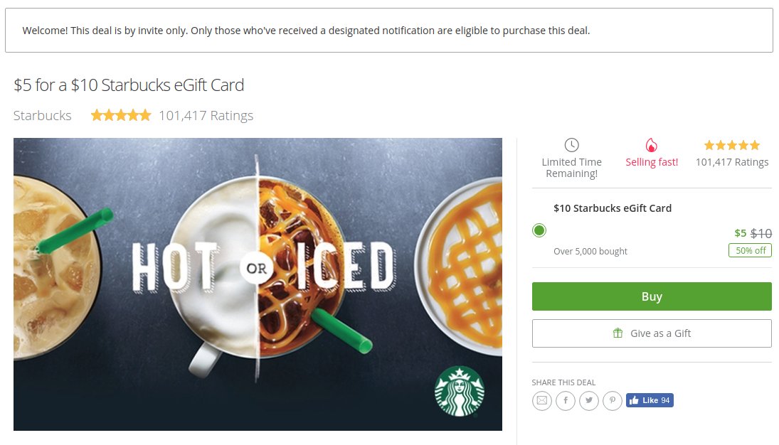 [Targeted] Groupon 上现有 Starbucks 礼品卡 $10 仅需 $5