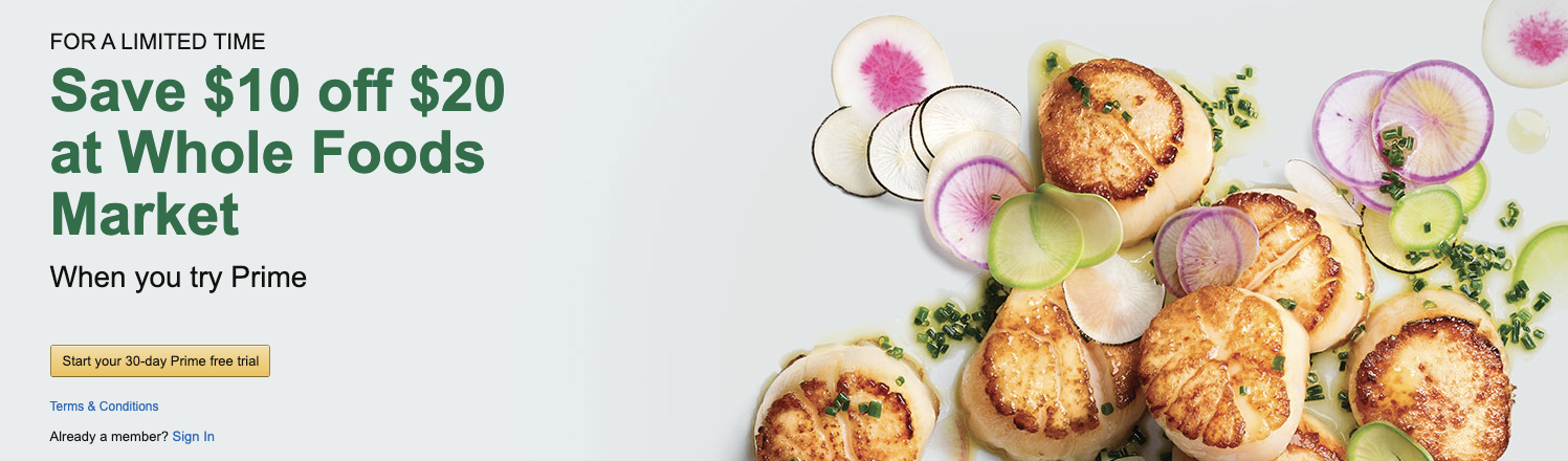 免费试用 Amazon Prime 获得 Whole Foods 满  减  优惠【4/30 截止】