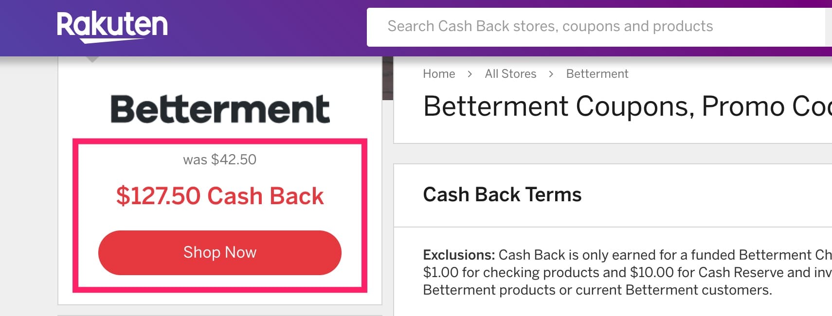 Rakuten 上开通 Betterment 账户奖励 7.5【无 Hard pull，无 DD 要求，倒赚速上。02/19 已收到返现】