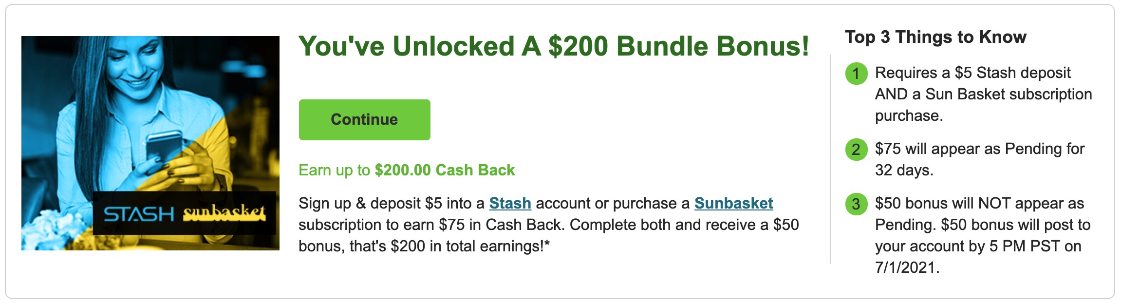 倒赚：Swagbucks/MyPoints/InboxDollars 同时注册 Stash 和 Sunbasket 可倒赚 0【10/16 更新：奖励提高到 0】