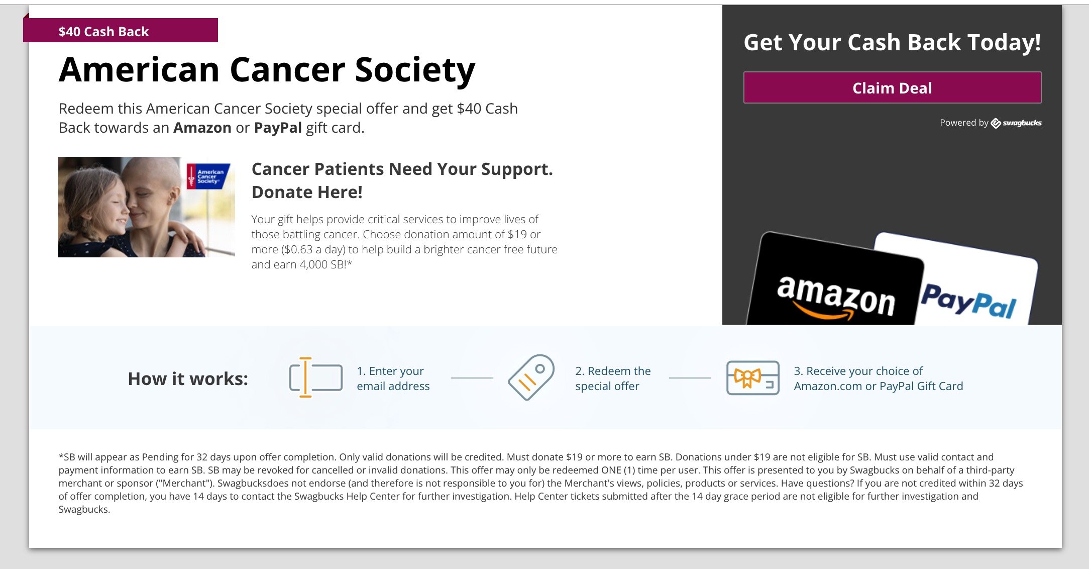 Swagbucks 倒赚：给美国癌症协会捐款  返 ，可倒赚 