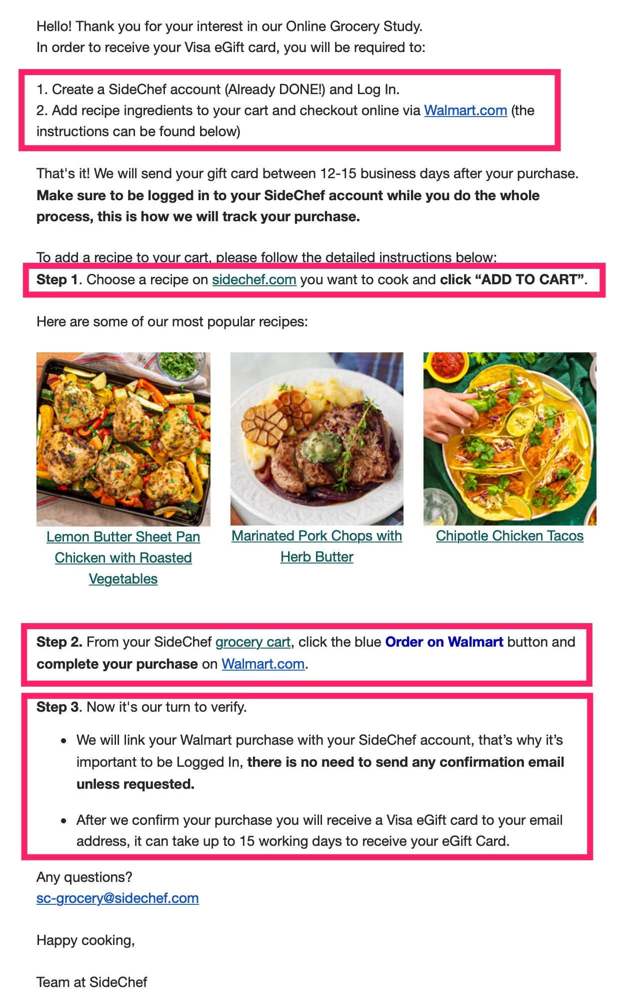 SideChef 上下单 Walmart 可获得  Visa 礼卡，纯倒赚