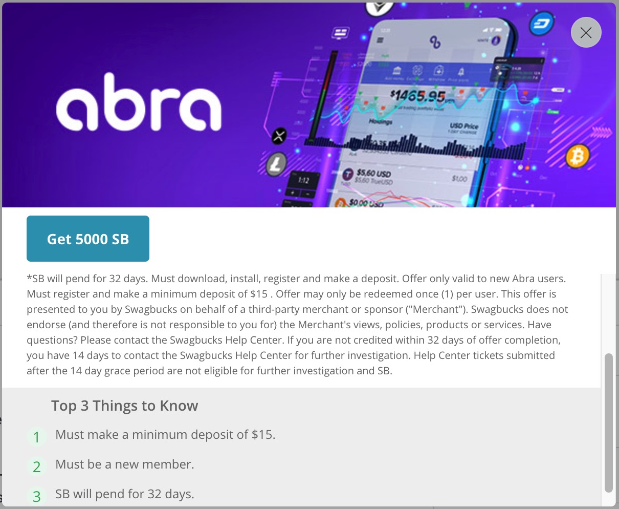 Swagbucks 上注册加密货币钱包 Abra 可倒赚【06/16 更新：Swagbucks 奖励提高至 0】