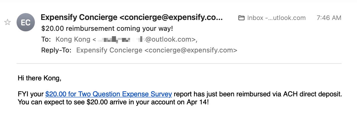 Expensify 送 ，回答两个问题即可，1 分钟可搞定【已收到钱】