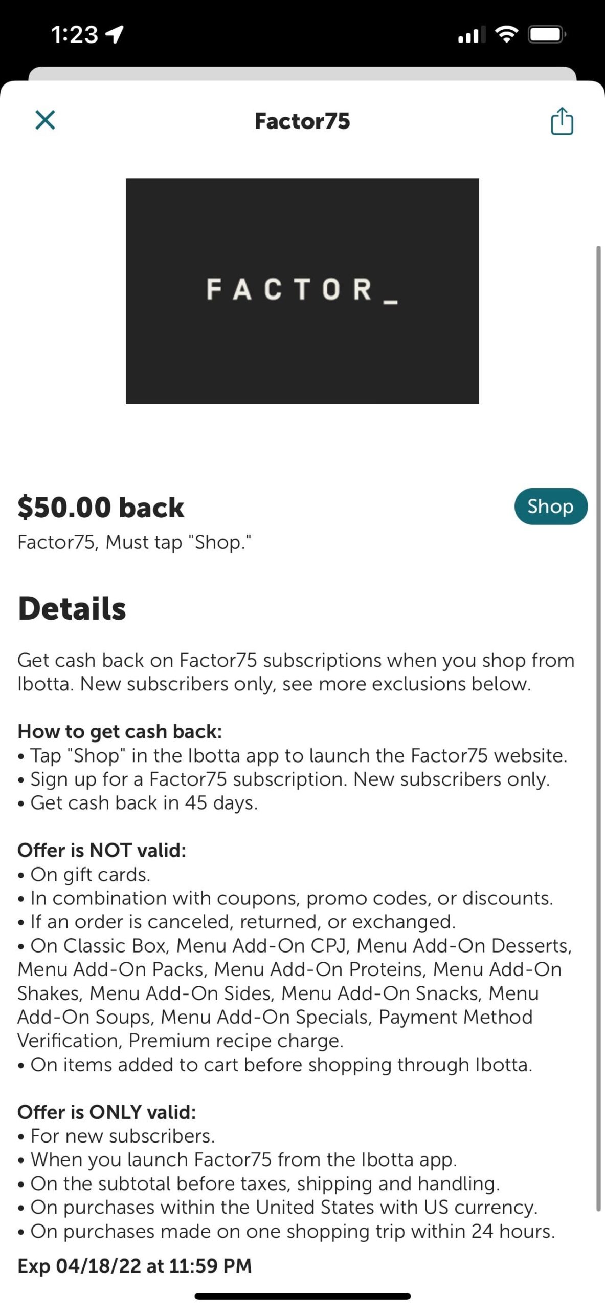 ibotta Flash Cash：送餐服务 Factor 返现 ，可倒赚  + 六餐饭【限 4/12 一天】