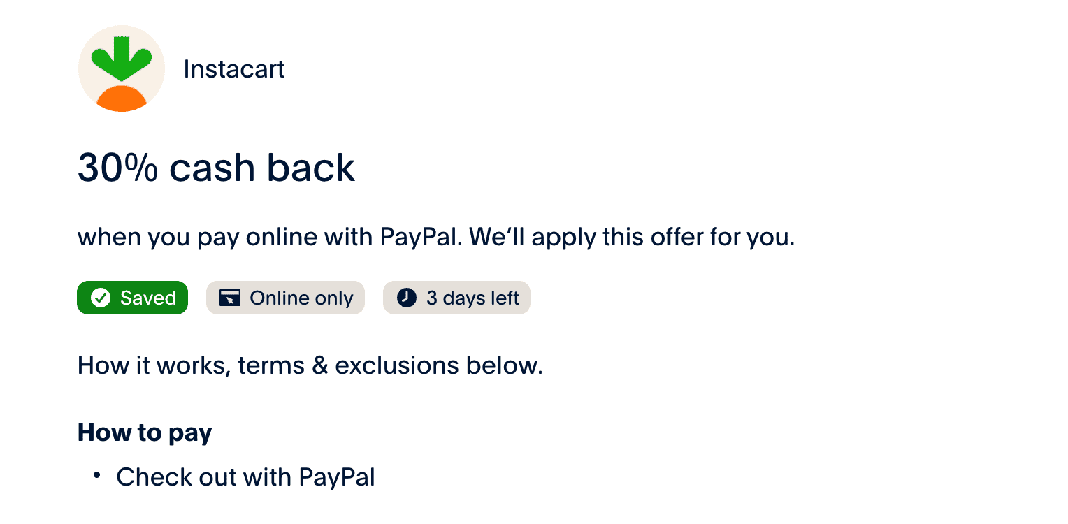 Instacart 使用 PayPal 付款返现 30%【10/31 更新：又有了】