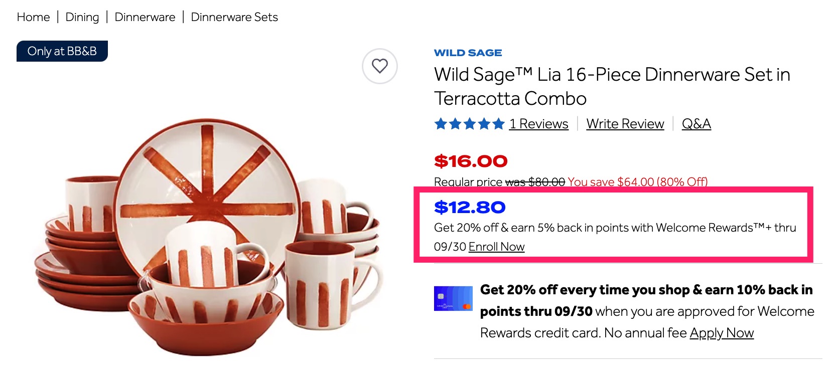 Bed Bath & Beyond 免费 16 件碗碟套装 Wild Sage Dinnerware Set【手慢无，可倒赚】