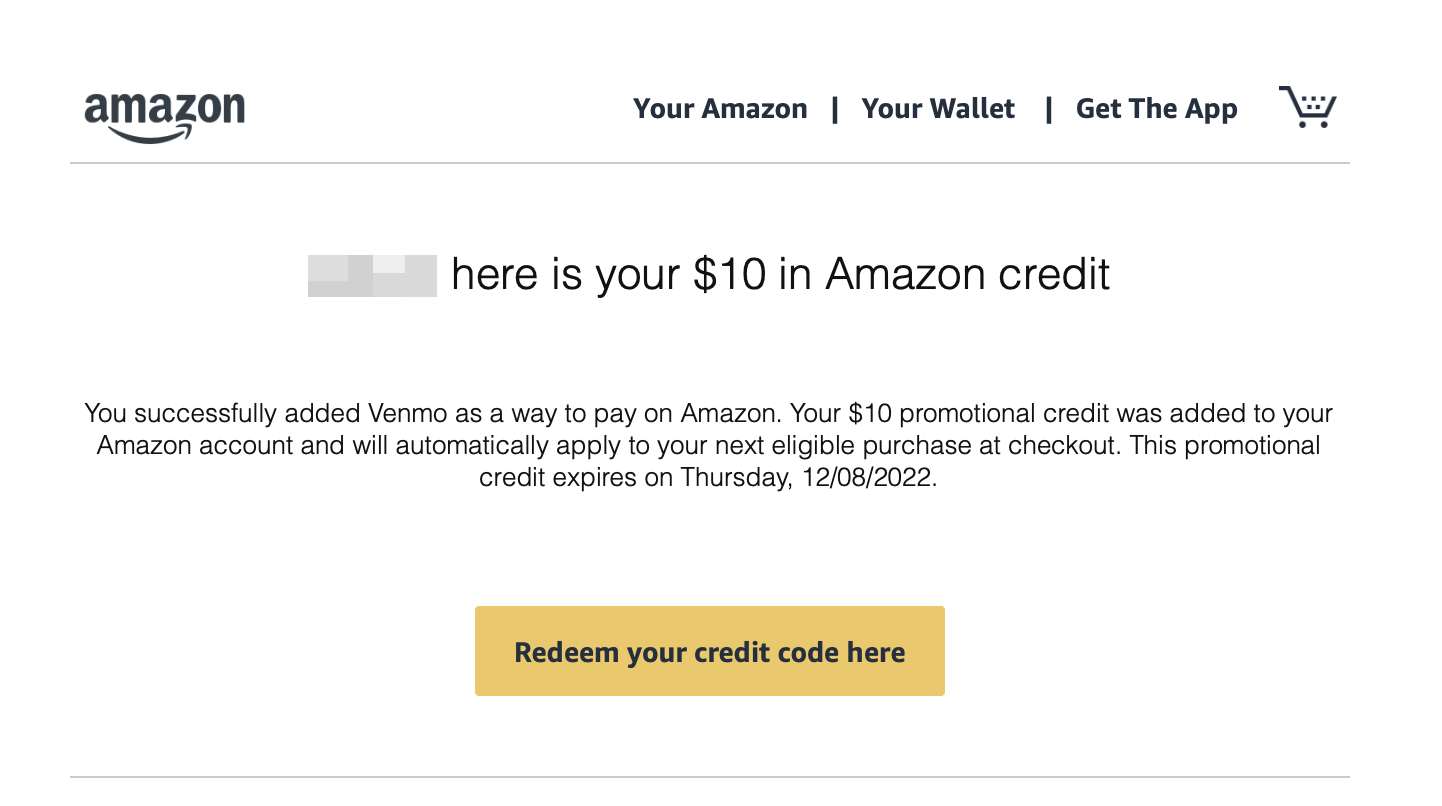 Amazon 连接 Venmo 账户可获得  Credit
