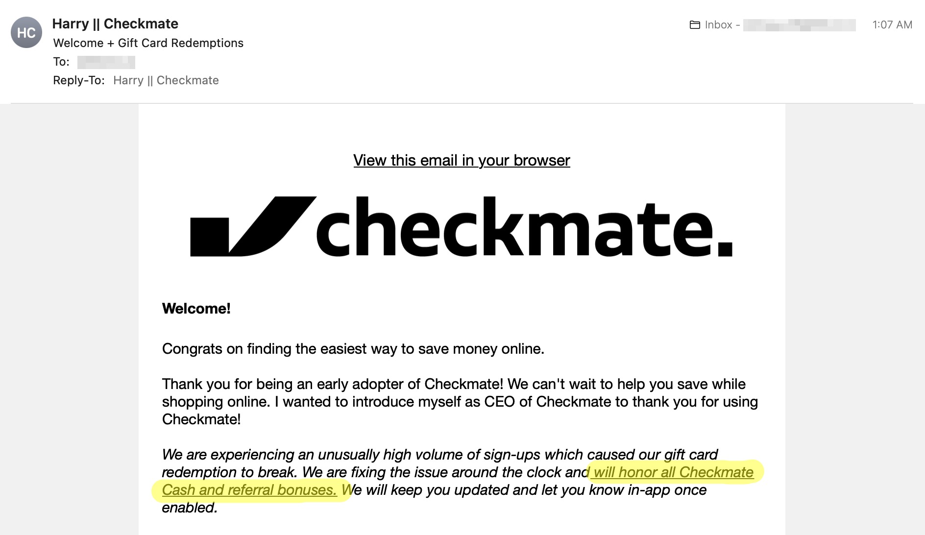 CheckMate 免费 礼卡,速薅【更新:可以兑换了!】