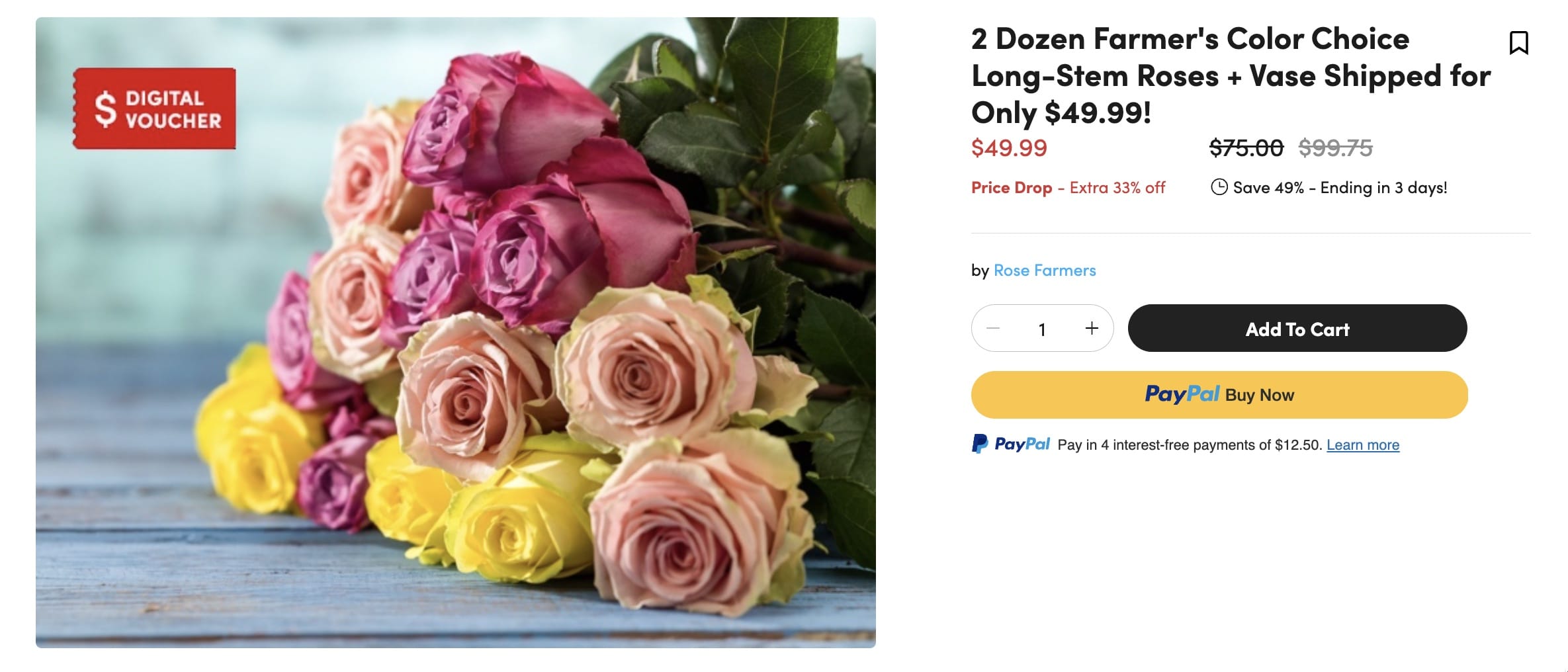 Rose Farmers 情人节鲜花优惠：24 支<strong>长茎</strong>玫瑰 + 花瓶 + 免邮，仅需 .99