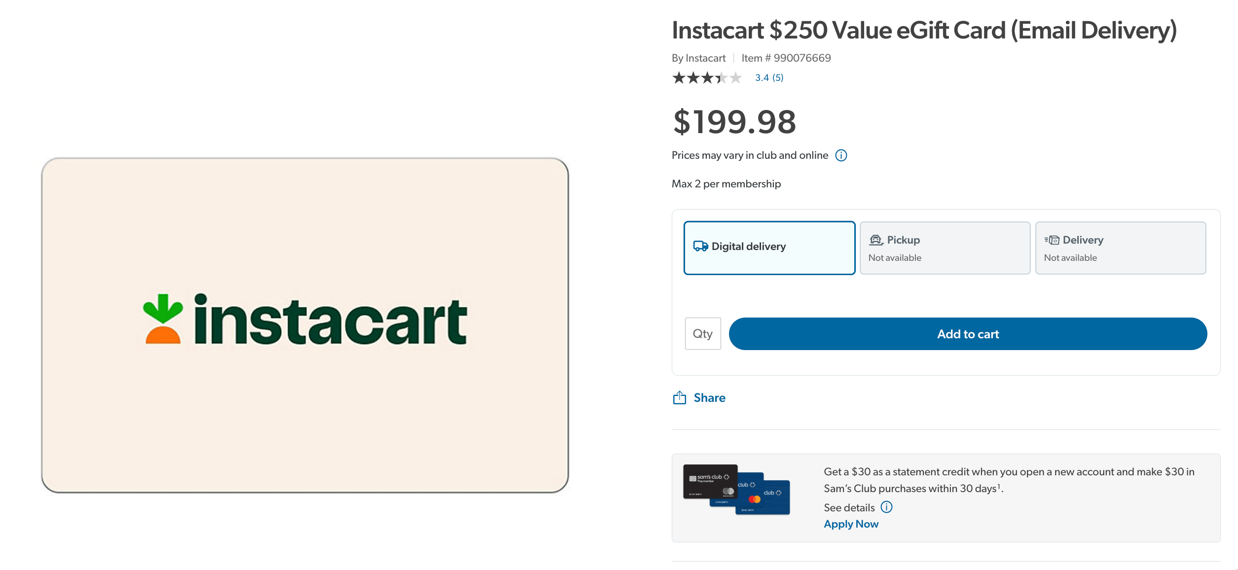 Sam's Club 上买 0 Instacart Gift Card 仅需 9.98