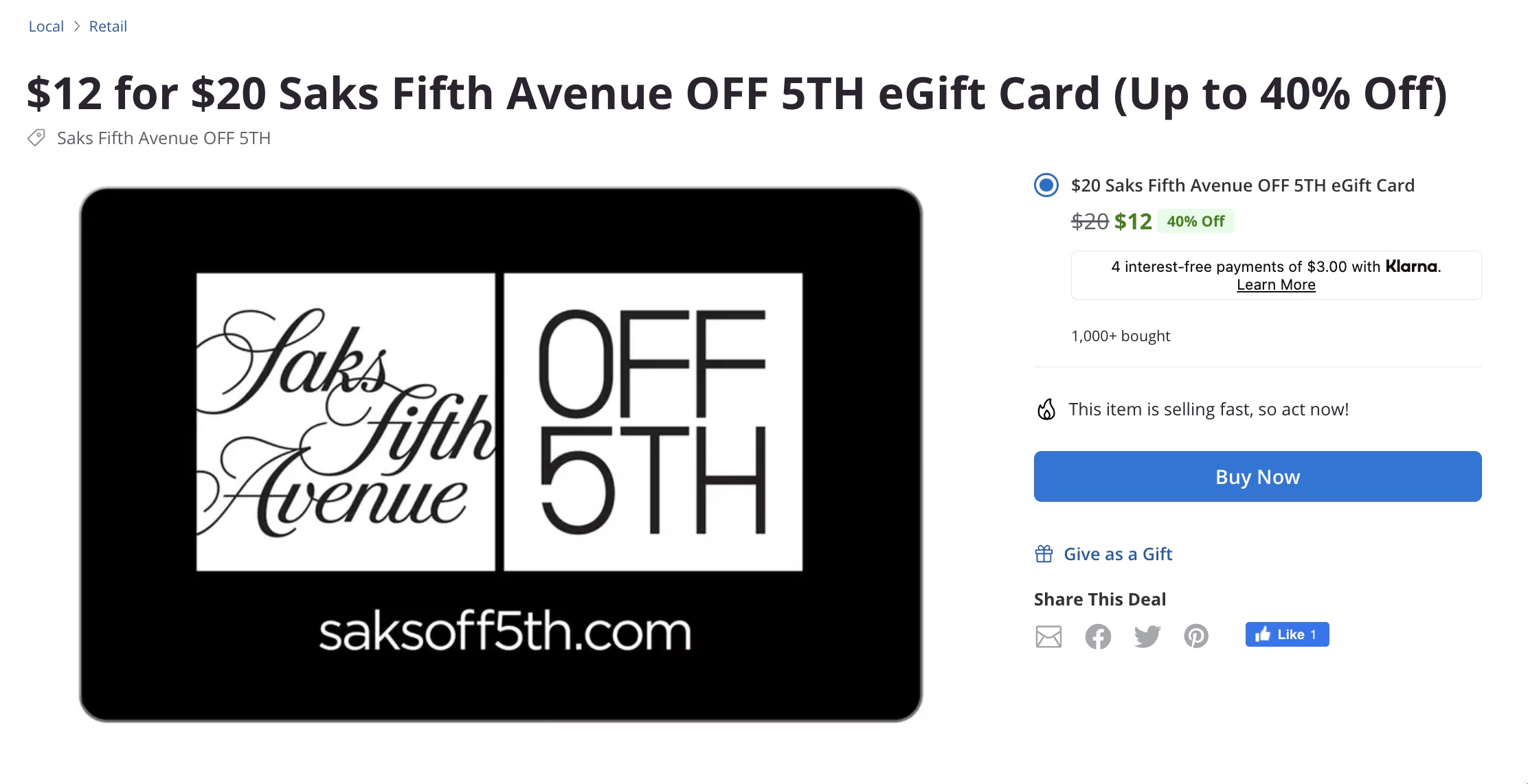 Saks Fifth Avenue 礼卡花  买 ，还可倒赚 【手慢无】