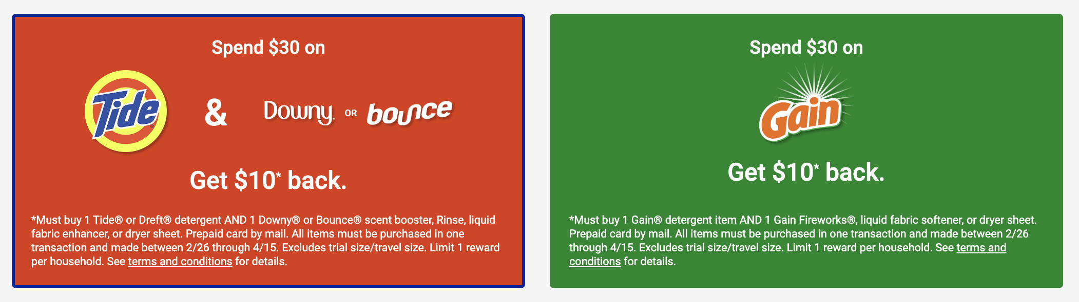 Amazon 洗衣用品买两件立减  再得  返现【包含 Tide, Gain, Dreft, Bounce, Downy 等】