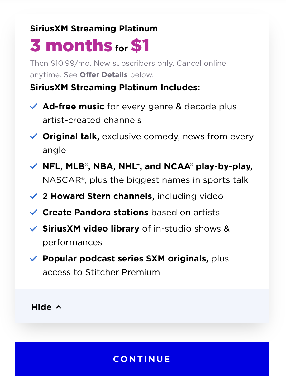 SiriusXM Platinum 会员 3 个月仅需 <img decoding=