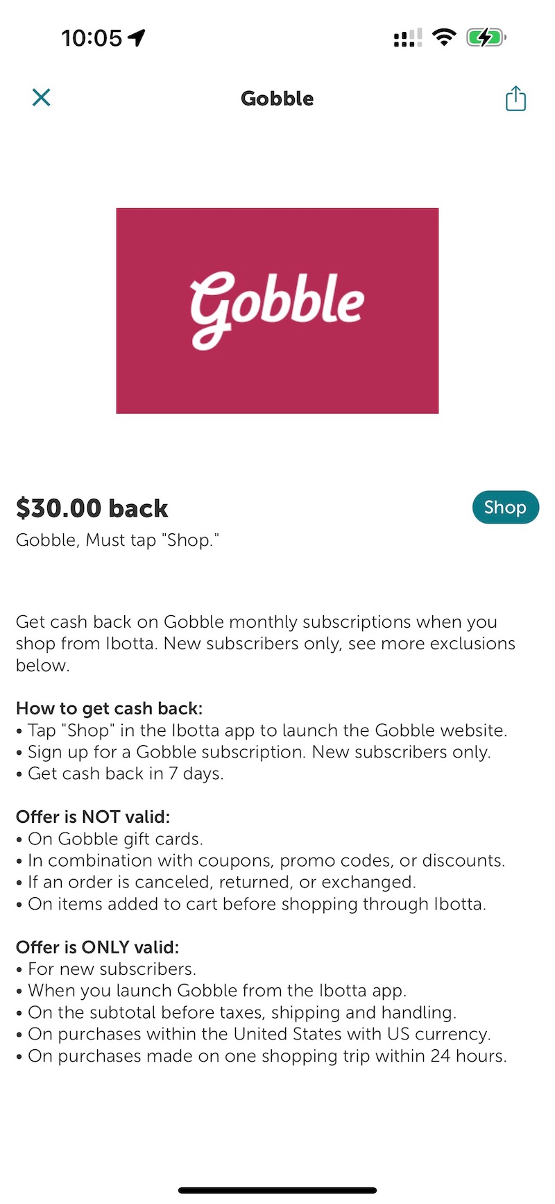 ibotta Flash Cash：Gobble 返现 ，免费获取 4 顿饭【又有了，限 10/9 一天】