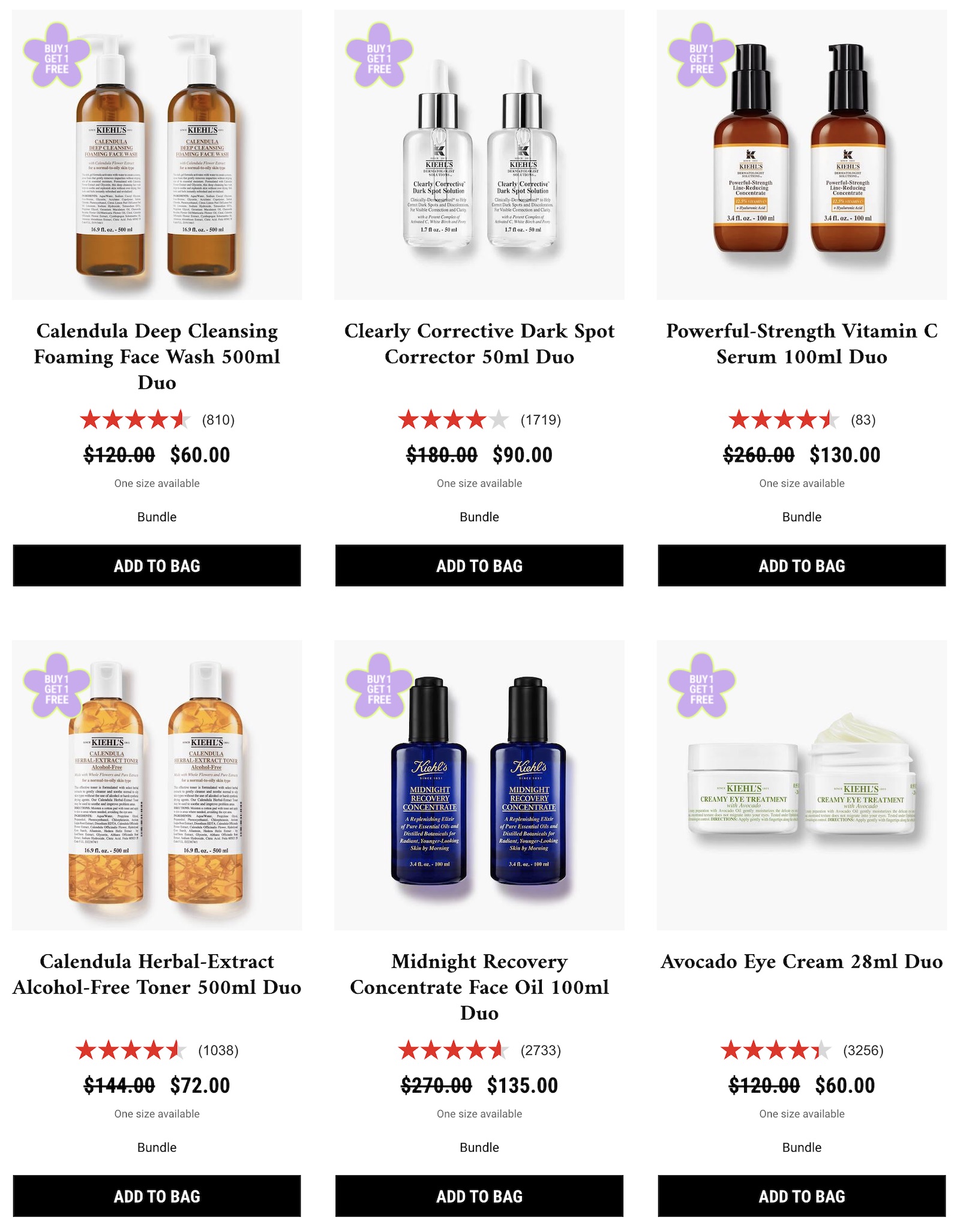 Kiehl's 大量热门商品买一赠一!【7/5:又有了,额外再减 ,附免费 4 件套赠品,普通商品额外 8 折】