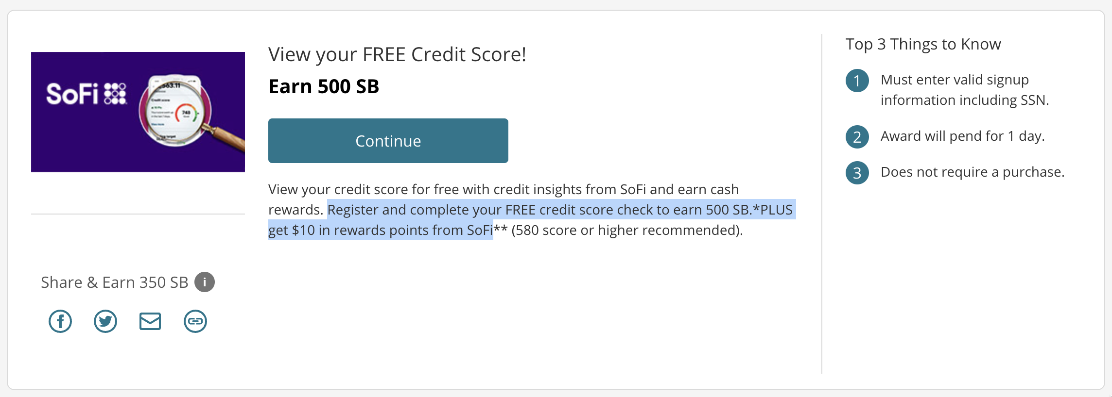 免费开通 SoFi 信用分查看可获得  奖励