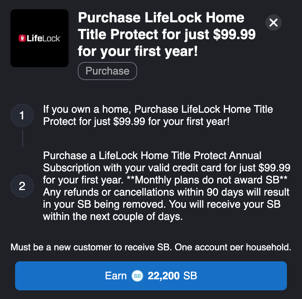 Swagbucks 倒赚推荐：购买 LifeLock Home Title Protect 可倒赚 2【零风险】