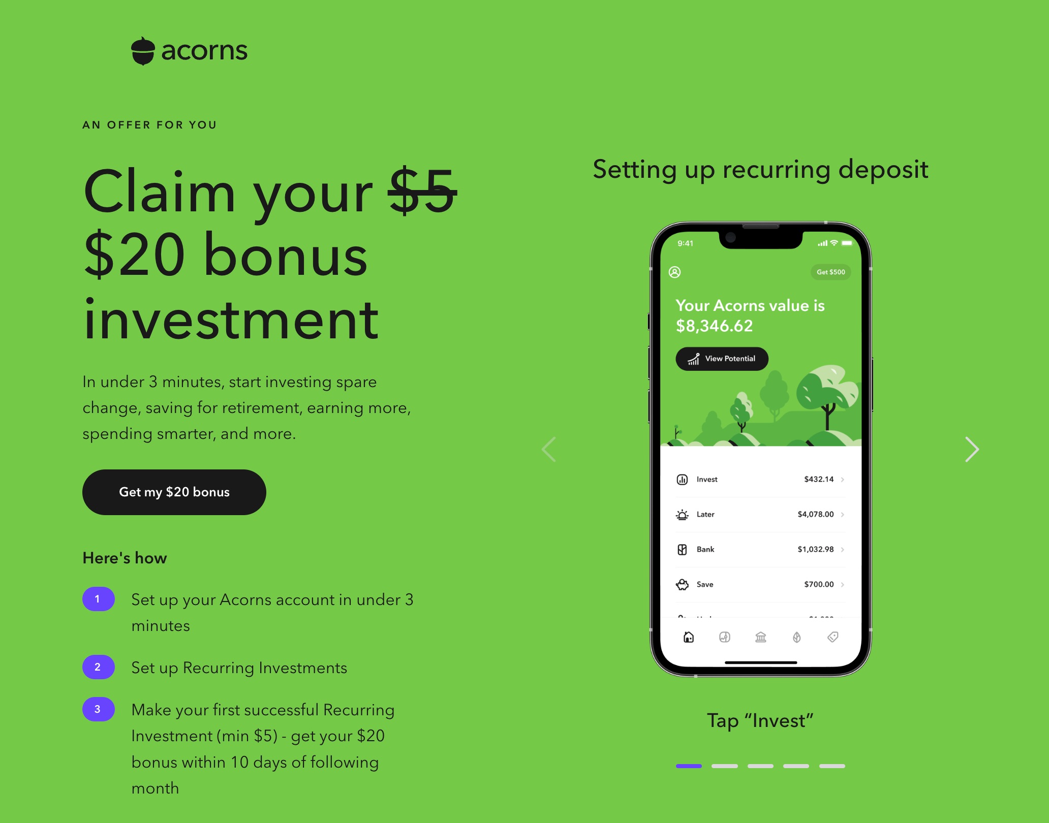 Acorns:无压力存款的微投资理财 App【注册奖励 ,11/29 更新:邀请 4 人奖励 0】