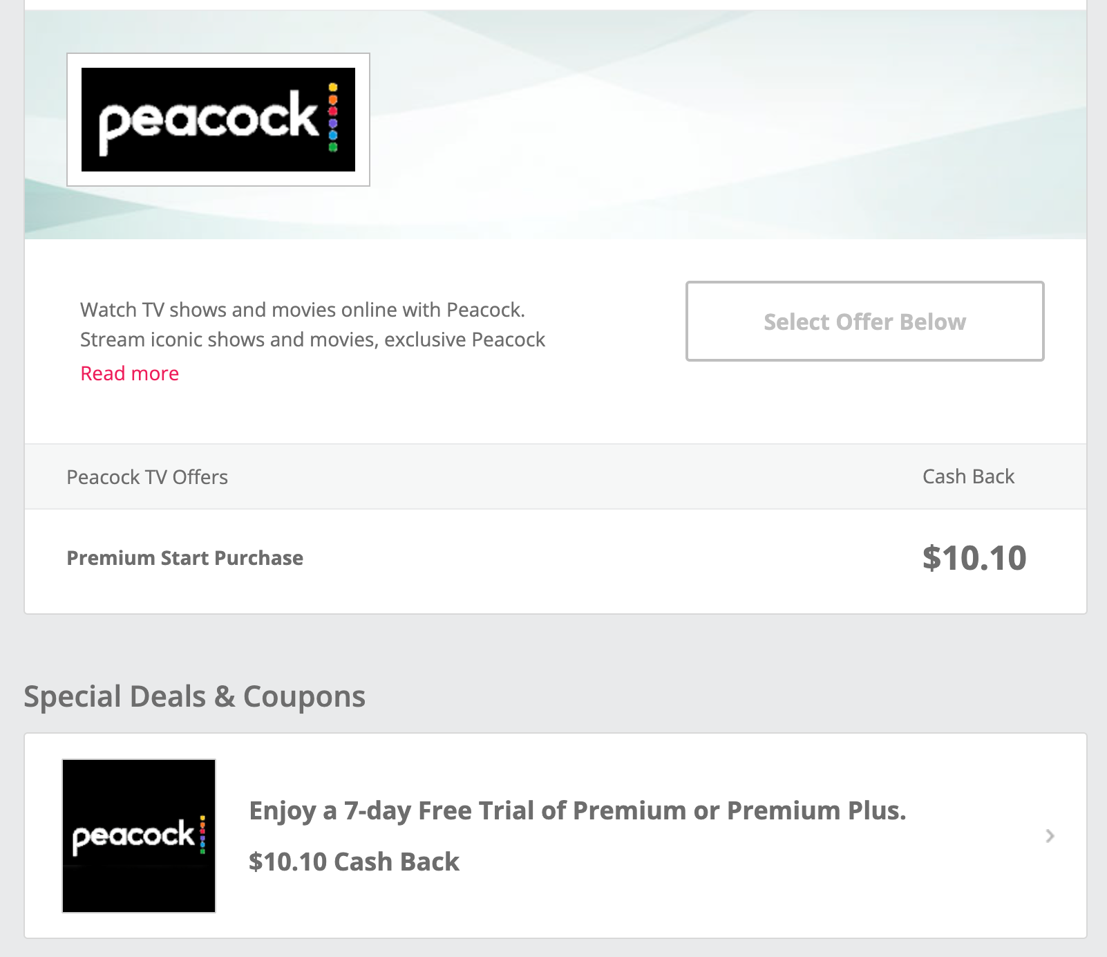 TopCashback 订阅 Peacock TV 可得 .1 返现，订阅仅需 .99，可倒赚【1/15：慎撸，会被 Decline】