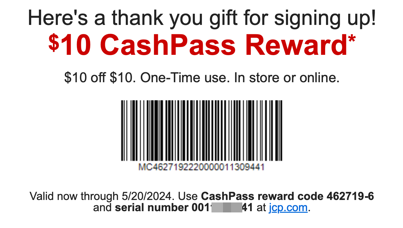 JCPenney 送满  减  CashPass Reward，注册就送，店内取货免费