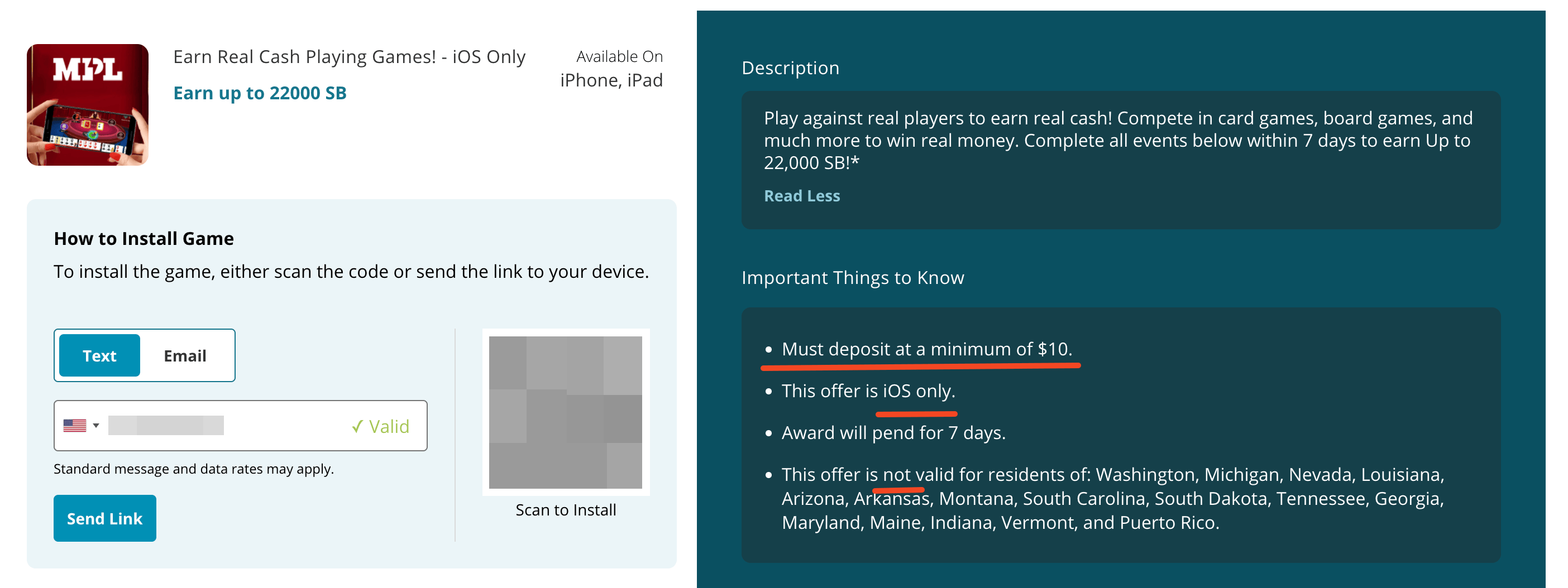 Swagbucks 倒赚：安装 MPL 游戏存入  可获得  奖励，完成所有任务奖励 0
