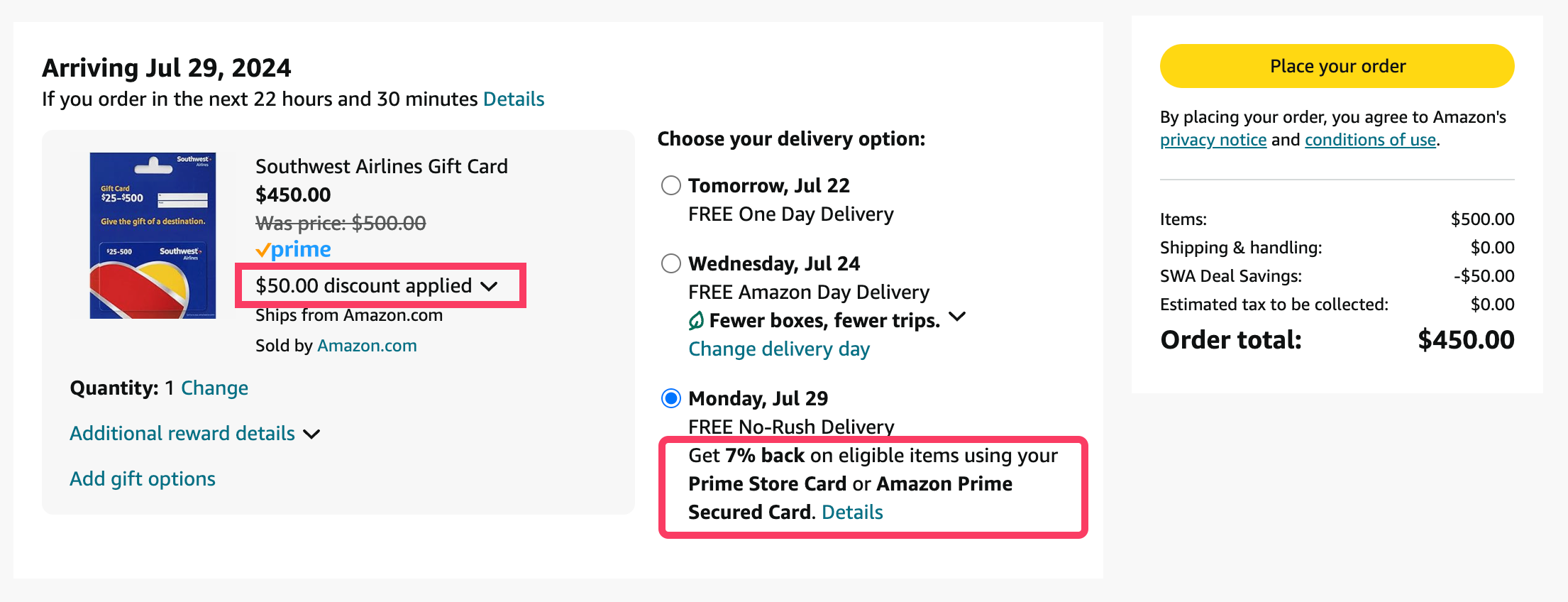 Amazon 上 Southwest Airlines 西南航空礼卡立减 ，还可以再返 7%