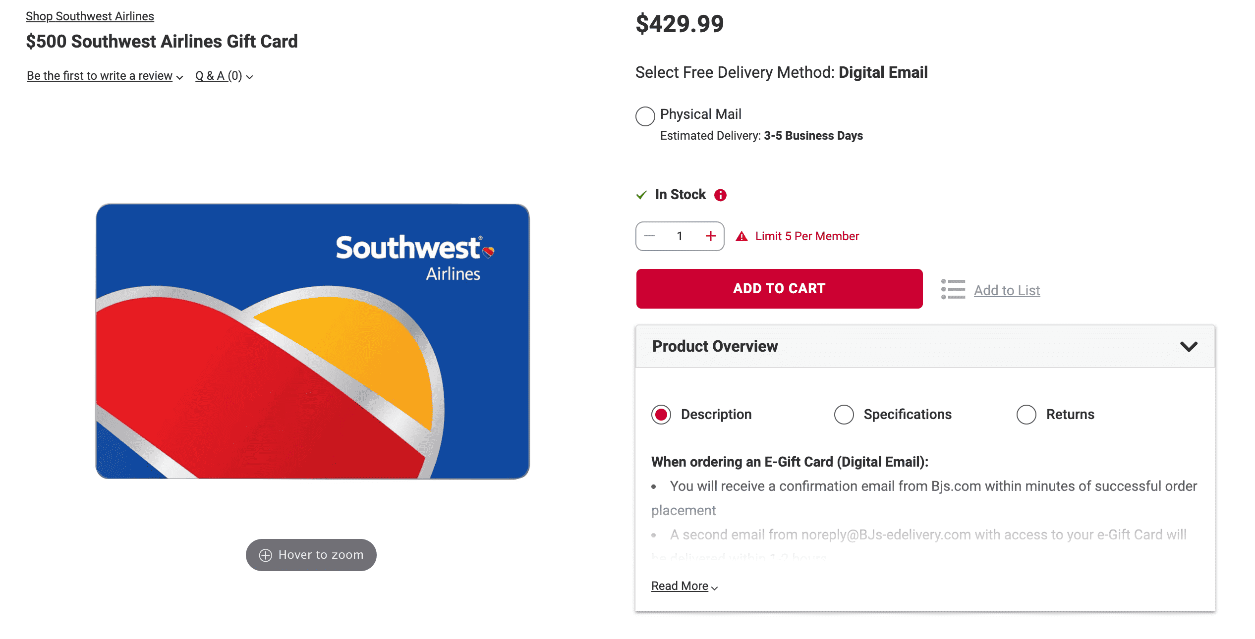 BJ's 仓储超市优惠：0 Southwest 礼卡仅需 9.99【附免费 BJ's 会员】