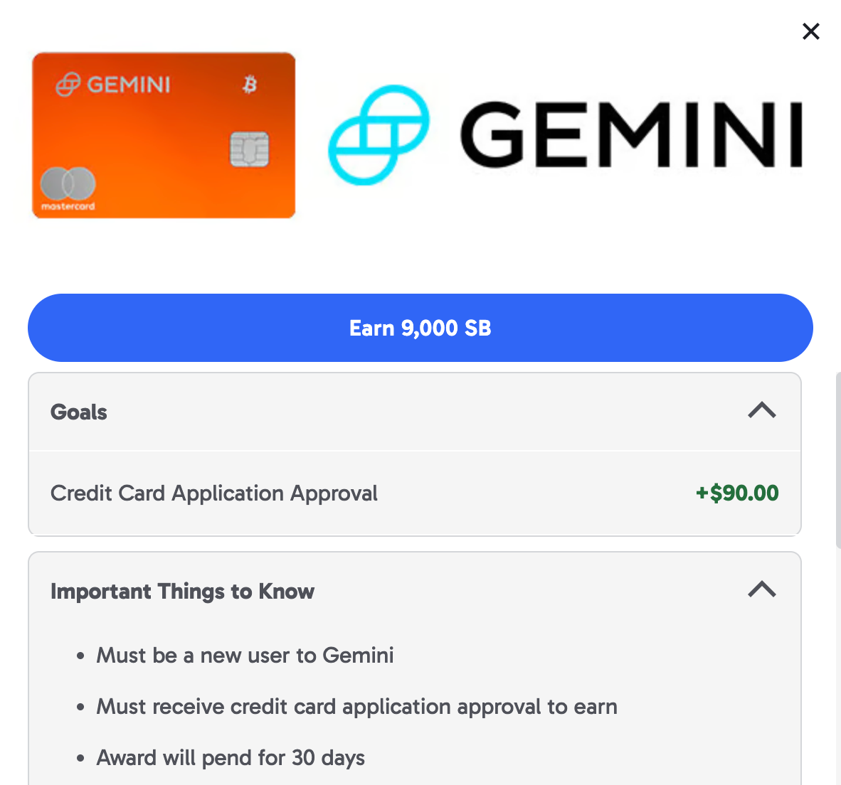 倒赚 0：申请 Gemini 信用卡获 0 比特币欢迎奖励，Swagbucks 额外返现 